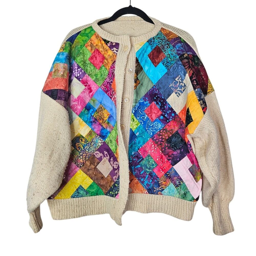 Handmade L Quilt Cardigan Sweater Multicolor Whimsygoth Cottage Art to Wear - Picture 2 of 5